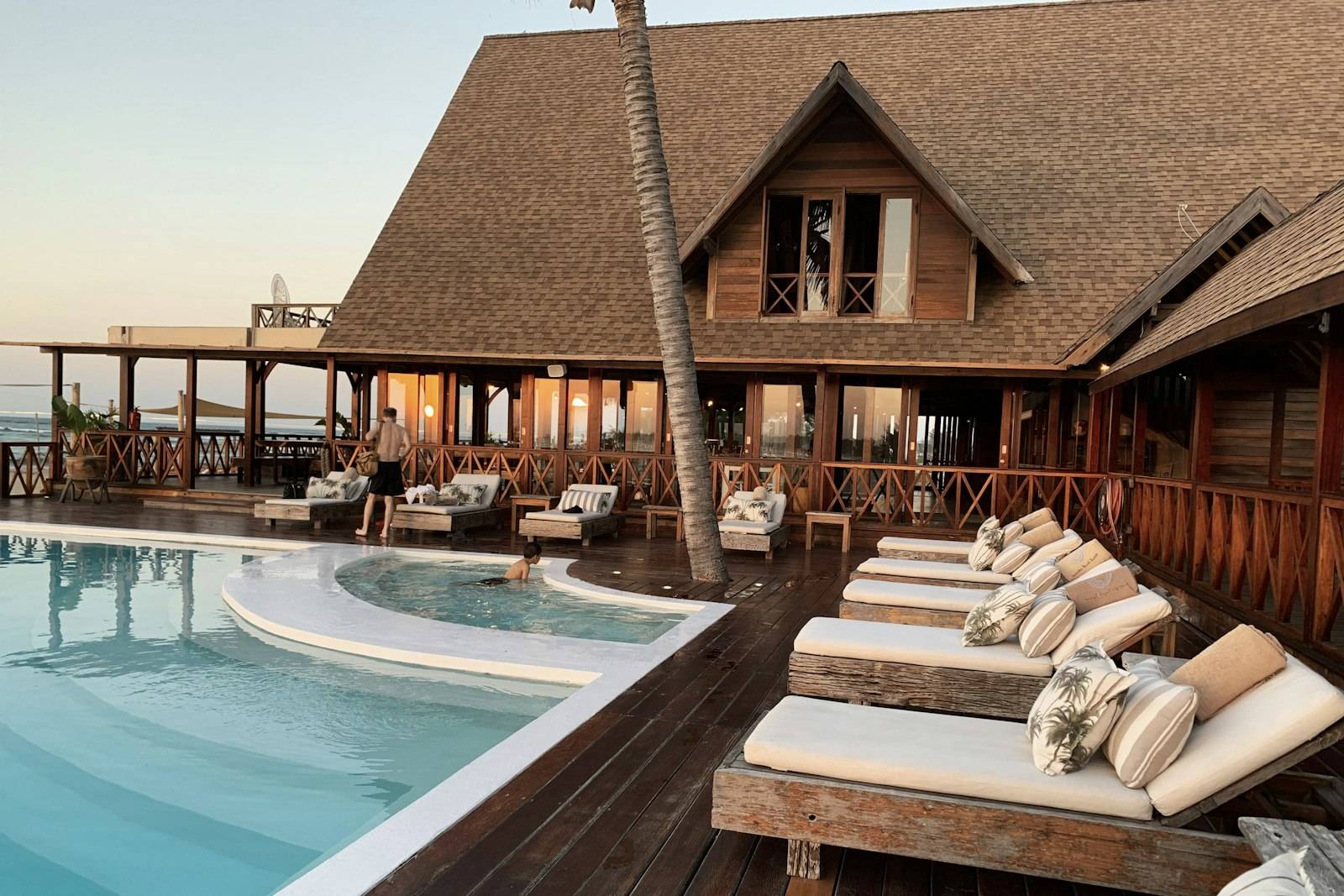 Resort pool deck at dusk